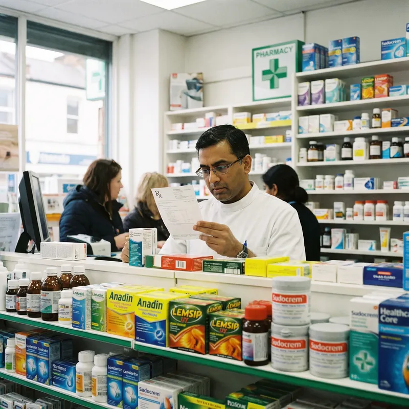 Asian Male Pharmacist in UK Pharmacy - Holding Prescription