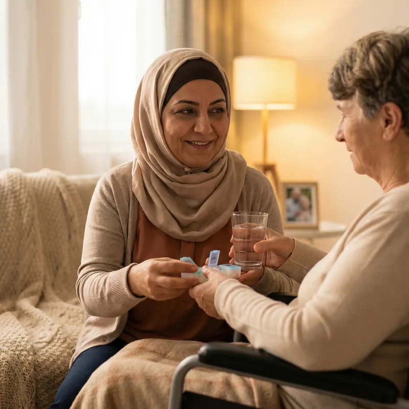 Warm Connection: Care Worker Helping Disabled Woman with Medication Warm Connection: Care Worker Helping Disabled Woman with Medication