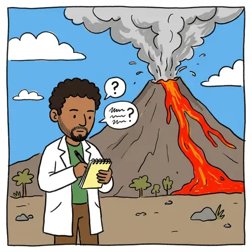 Scientist Studying Volcano Eruption - Educational Comic Panel