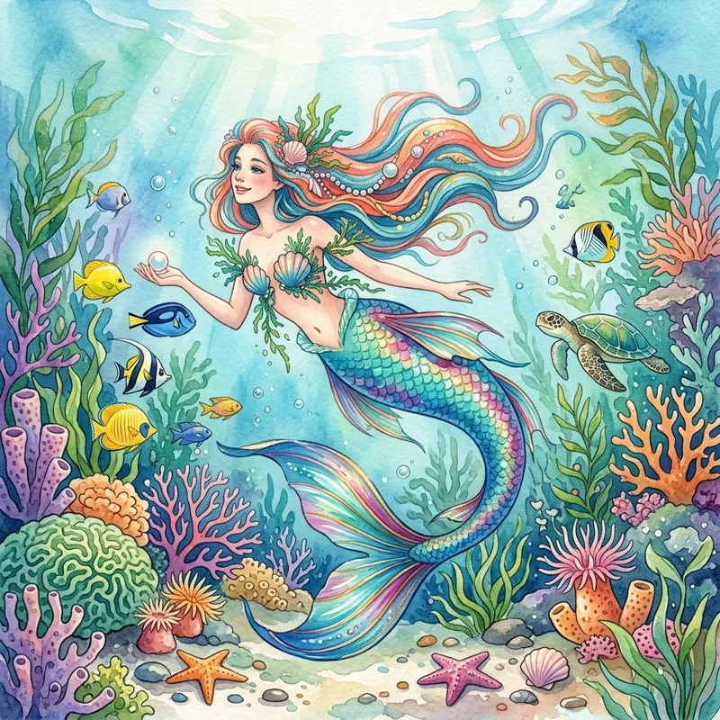 Vibrant Watercolor Mermaid in Tranquil Underwater Garden