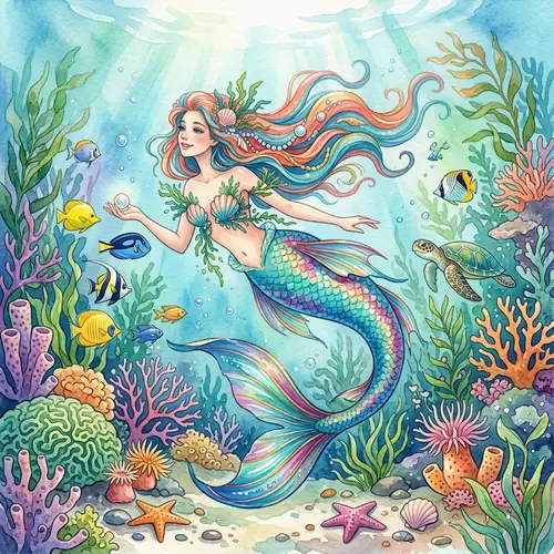 Whimsical Mermaid Illustration in Underwater Garden