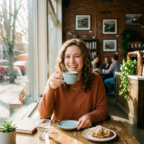 Woman with a Bright Smile Enjoying Coffee