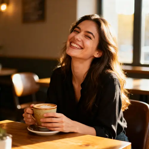 Woman with a Bright Smile Enjoying Coffee