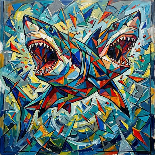 Cubist Shark Art: Geometric Fragmentation in Vibrant Oil Paint