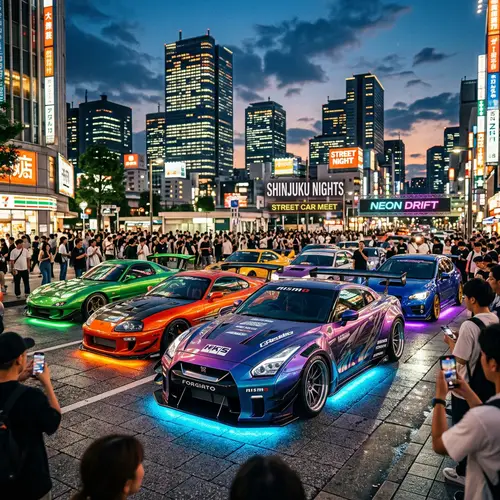 Custom Tuned Cars Display in Vibrant City Setting