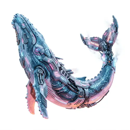 Cybernetic Whale Floating in Air with Pink Gradient