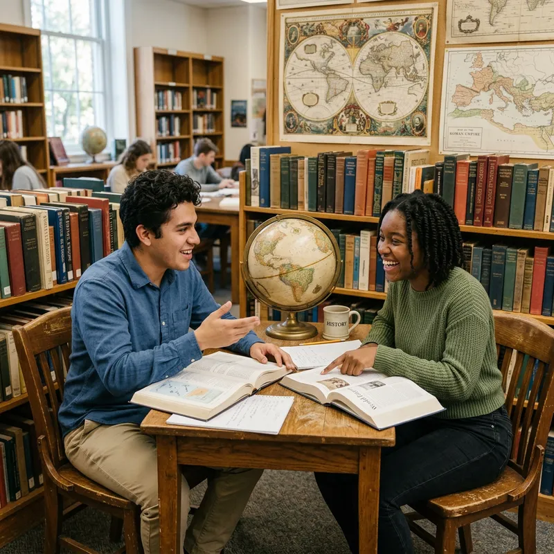 Young Hispanic Male and Black Female Engage in Historical Dialogue at Library