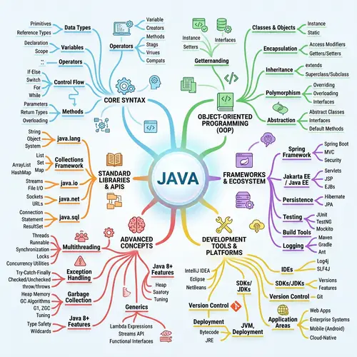 Elaborate Java Programming Mindmap: Syntax, OOP, Libraries, Multithreading