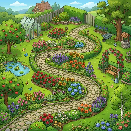 Vibrant Cartoon-Style Garden Scene Illustration