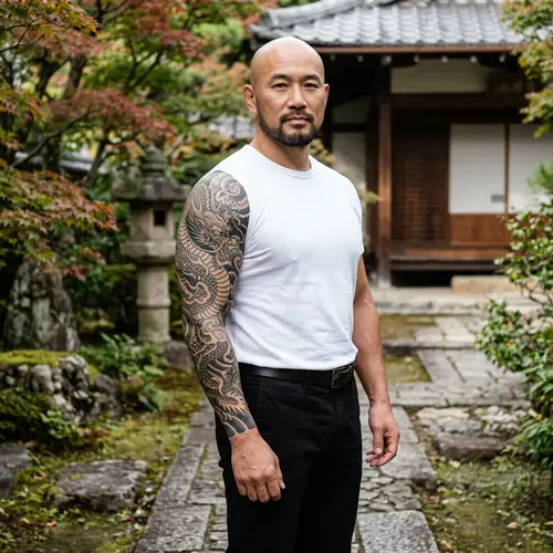Bald Asian Man with Intricate Dragon Tattoo - Strength and Power