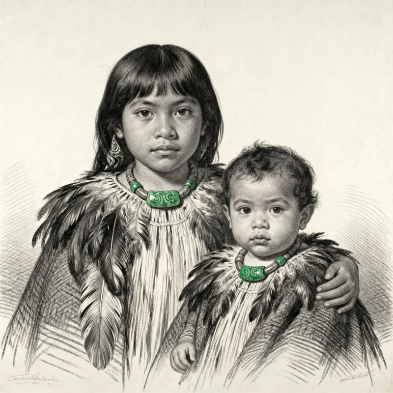 Māori Siblings Graphite Sketch | Renaissance Style Art