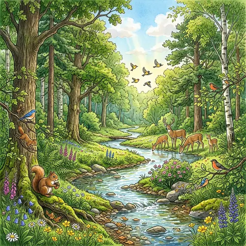 Serenity of Unspoiled Nature - Green Forest & Wildlife Illustration