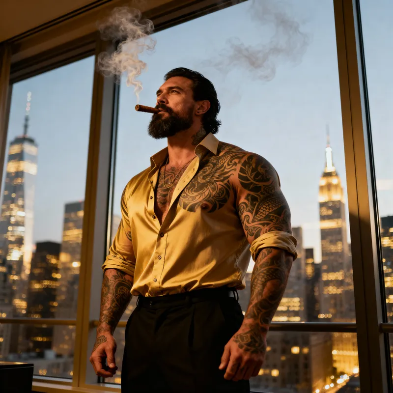 Elegant Urban Hero: Muscular Man by Skyline Window Elegant Urban Hero: Muscular Man by Skyline Window