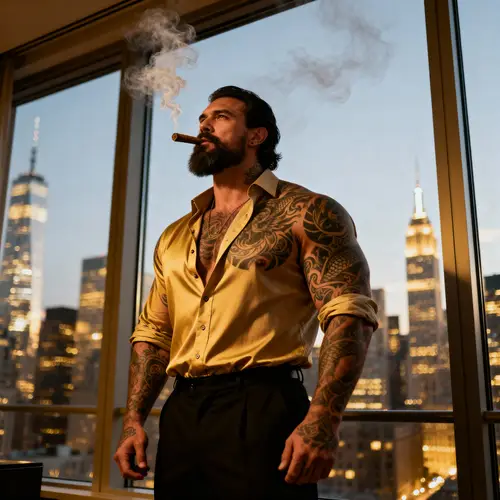 Elegant Urban Hero: Muscular Man by Skyline Window