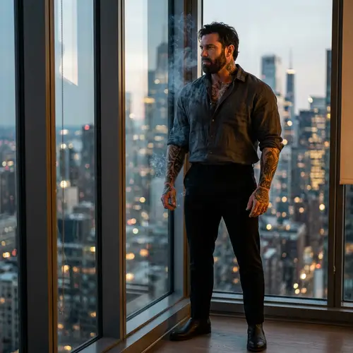 Elegant Urban Hero: Muscular Man by Skyline Window