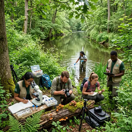 Diverse Biologists Conducting Environmental Study in Lush Woodland