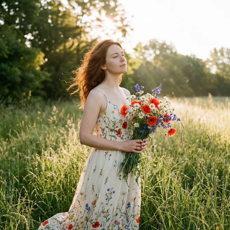 Serene Woman in Meadow at Sunrise | Nature Beauty Portrait with 人 Serene Woman in Meadow at Sunrise | Nature Beauty Portrait with 人