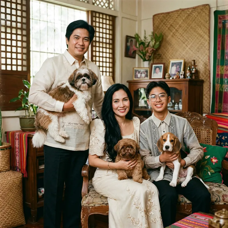 Genuine Filipino Family Portrait: Warm Vintage Vibe with Beloved Pets Genuine Filipino Family Portrait: Warm Vintage Vibe with Beloved Pets