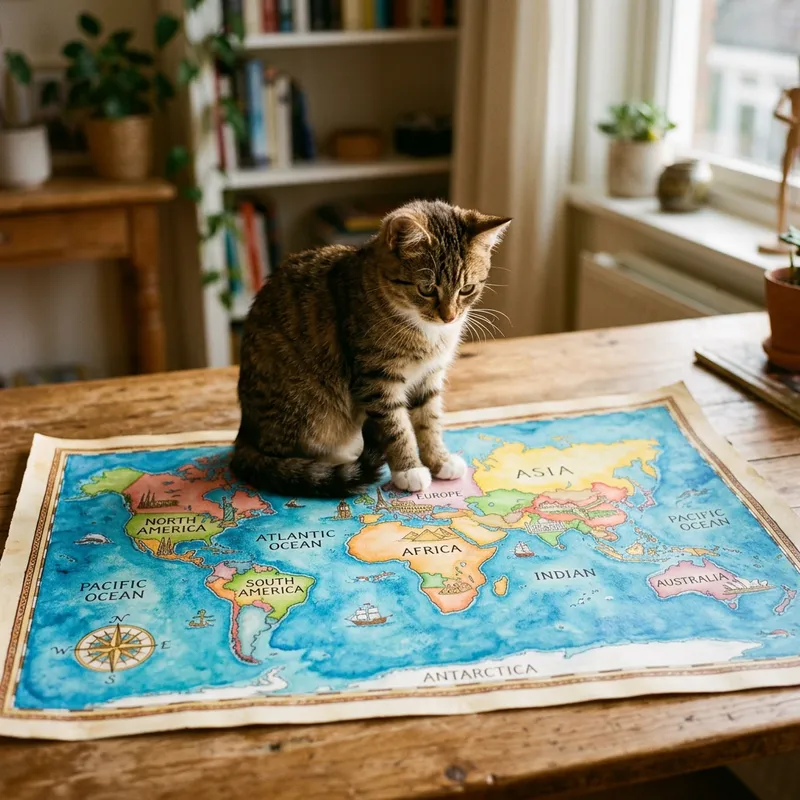 Adorable Cat Exploring the World Map