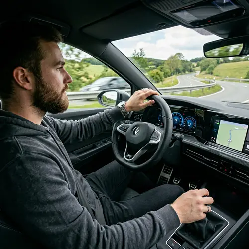 Young Bearded Driver in Golf Car