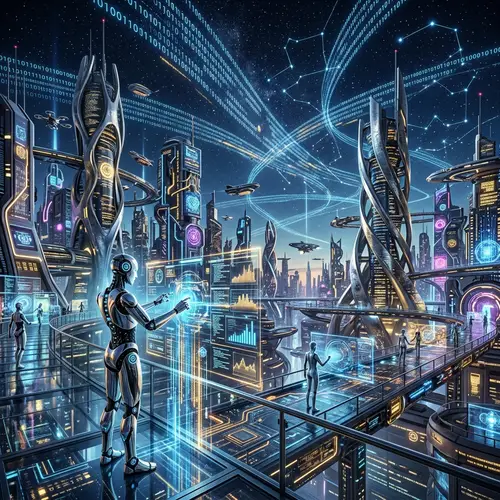 Futuristic AI Evolution: Thriving Neon Cityscape with Humanoid Robots