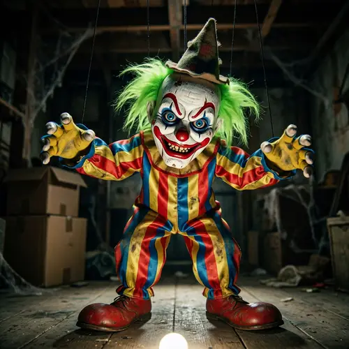 Creepy Clown Puppet in Vibrant Costume | Horror Film Character