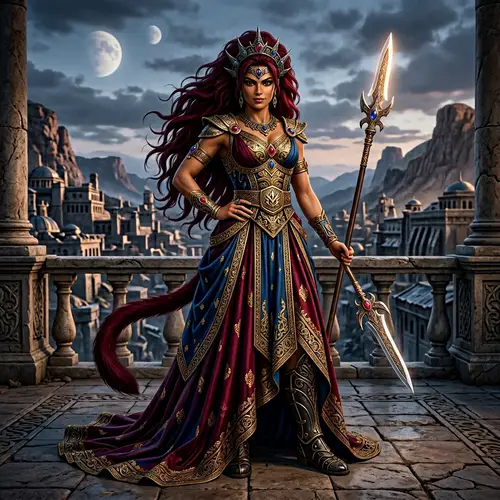 Saiyan Queen with Dark Red Hair in Greek-style Dress