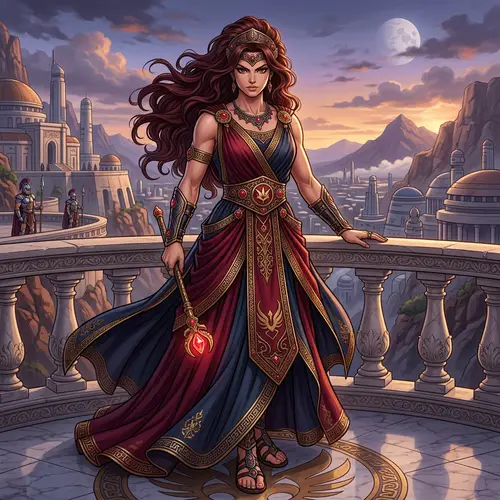 Saiyan Queen with Long Dark Red Hair in Greek Attire