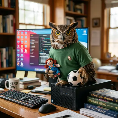 Scholarly Owl on Desktop with Mini Doll and Soccer Ball