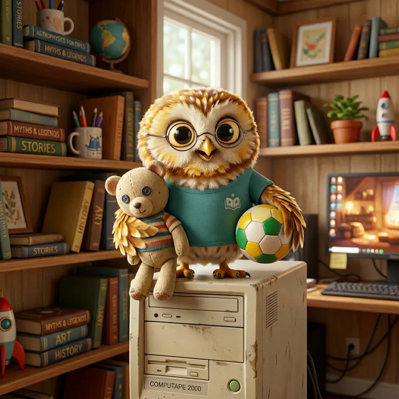 Cute Owl with Glasses on Computer Holding Doll and Soccer Ball Cute Owl with Glasses on Computer Holding Doll and Soccer Ball