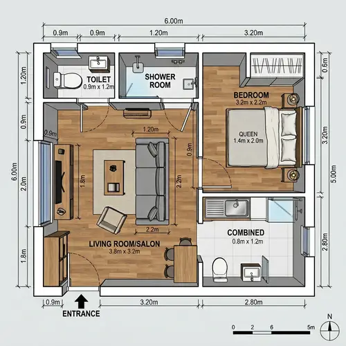 6x5m Living Room Design with Kitchen & Bedroom