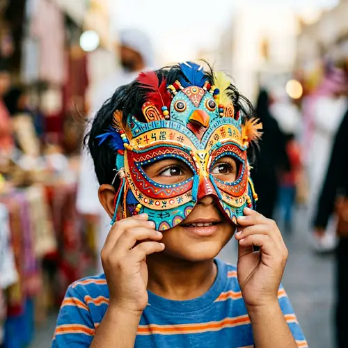 Colorful Handmade Mask on Young Middle Eastern Boy