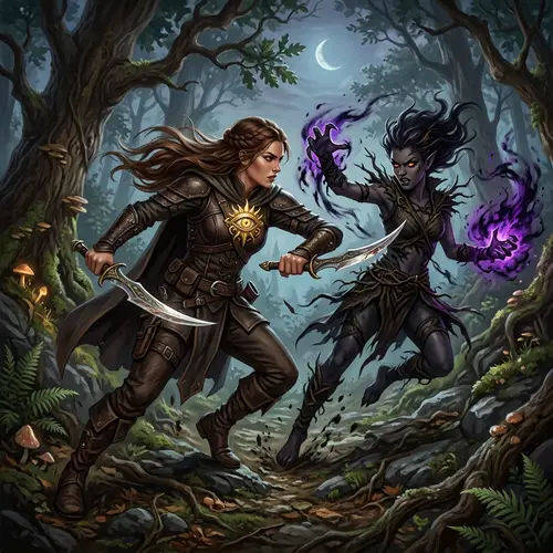 Epic Battle Scene: Woman vs. Dark Fairy with Knives