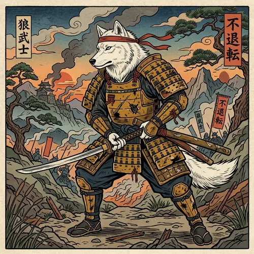 Charming White Wolf Samurai in Determined Stance | Battle-Ready Warrior