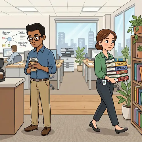 Professional Office Scene: South Asian Male and Caucasian Female Coworkers