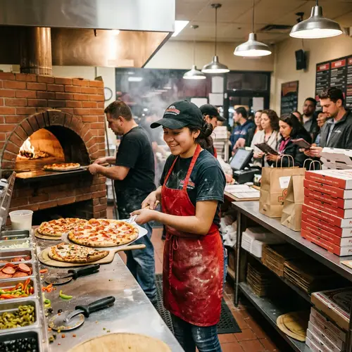 15-Year-Old Hispanic Girl at Thriving Pizzeria | Fresh Pizzas & Busy Atmosphere