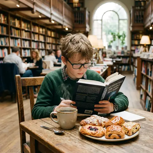 Nerdy Boy in Library Coffee: Cozy Lunchtime Tranquility