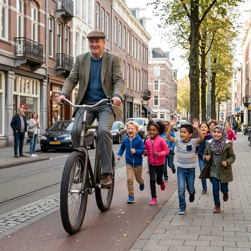 Giant on Bicycle: Playful Scene with Children Chasing