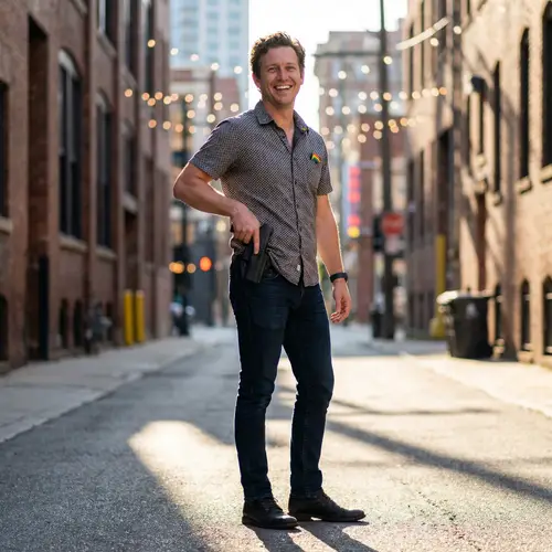 Confident Caucasian Gay Man in Casual Outfit with Modern Handgun