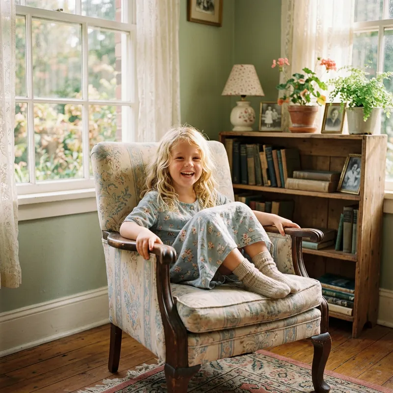 Blonde Girl with Playful Expression on Vintage Chair | Dreamy Retro Scene