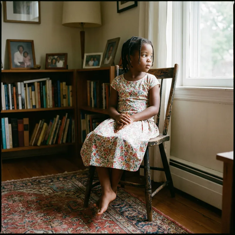 Thoughtful Black Girl Sitting on Chair in Modest Skirt Thoughtful Black Girl Sitting on Chair in Modest Skirt