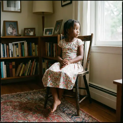 Young Black Girl Sitting Comfortably on Wooden Chair