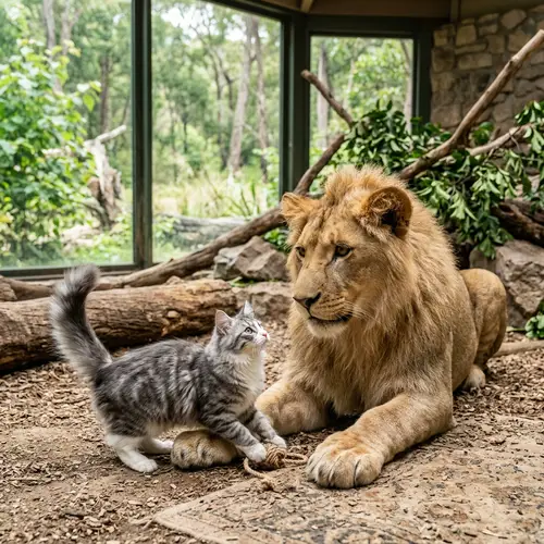 Cat and Lion Heartwarming Interaction in Safe Environment