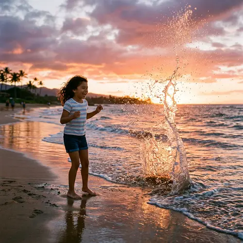 Hispanic Girl Standing on Sandy Beach at Sunset