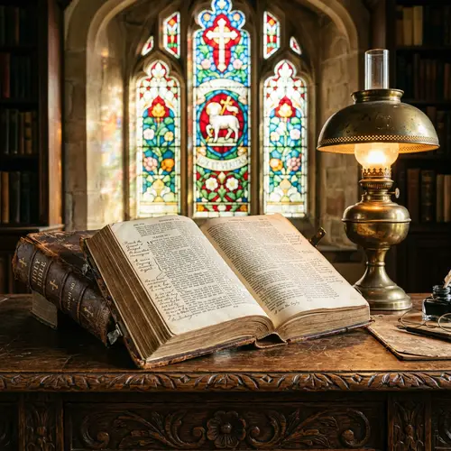 Vintage Leather Bible on Carved Wooden Table