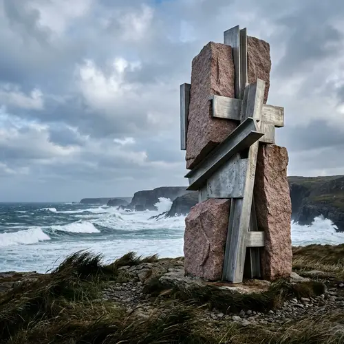Abstract Aluminum and Pink Stone Sculpture