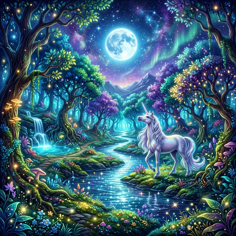 Mystical Forest Embraced by Moonlight | Enchanting Unicorn Scene