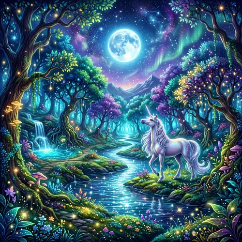 Mystical Forest with Unicorn in Moonlight | Enchanting Fantasy Scene