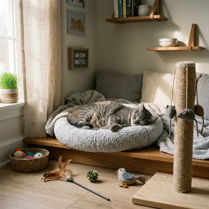 Cozy Cat Hotel: Adorable Grey Cat Taking a Nap in Luxury Room