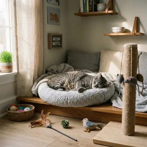 Cozy Cat Hotel: Grey Cat Sleeping in Luxury Room